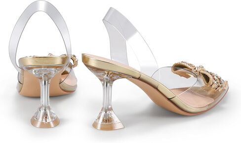 حذاء نسائي من SHOBOO بكعب شفاف مزين بحجر الراين وكعب شفاف ومقدمة مدببة وحزام خلفي لحفلات الزفاف in Kuwait