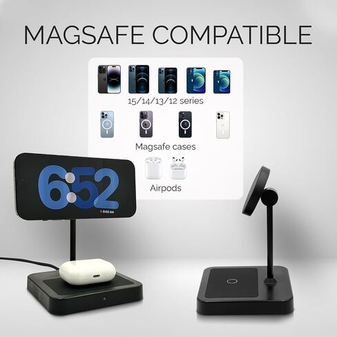 Wireless Charging Station | 2 in 1 Wireless Charger | Adjustable Magnetic Charger | Compatible with iPhone 15;14;13;12 series & AirPods | Compatible with Apple Devices |Compatible with MagSafe (Black) in Saudi Arabia