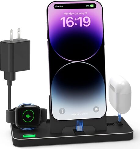 3 in 1 Foldable Charger Stand Dock, ELECGO Portable Fast Charging Station with Adapter, Compatible with iPhone 14/13/12/11/SE, AirPods 3/2/pro, Wireless Charging Dock for iWatch 7/6/5/SE/4/3/2 in Kuwait