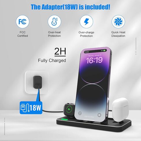 3 in 1 Foldable Charger Stand Dock, ELECGO Portable Fast Charging Station with Adapter, Compatible with iPhone 14/13/12/11/SE, AirPods 3/2/pro, Wireless Charging Dock for iWatch 7/6/5/SE/4/3/2 in Kuwait