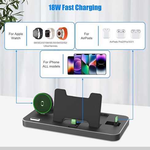 3 in 1 Foldable Charger Stand Dock, ELECGO Portable Fast Charging Station with Adapter, Compatible with iPhone 14/13/12/11/SE, AirPods 3/2/pro, Wireless Charging Dock for iWatch 7/6/5/SE/4/3/2 in Kuwait