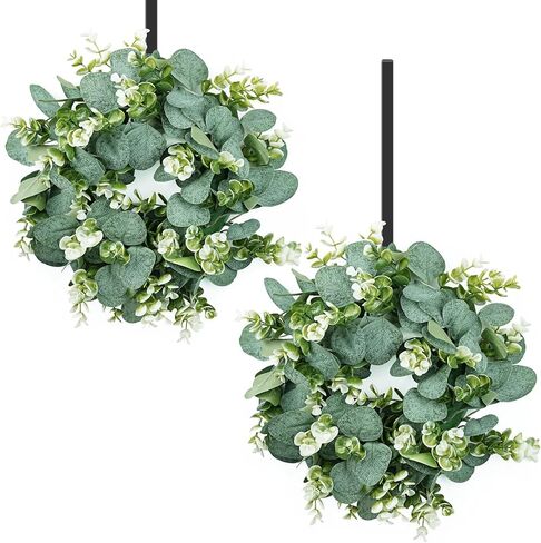 2 حزمة من إكليل الأوكالبتوس الاصطناعي، إكليل أخضر صغير مقاس 30.48 سم مع خطاف حديدي للباب الأمامي ونافذة الجدار ومهرجان الربيع وديكور المزرعة in Kuwait