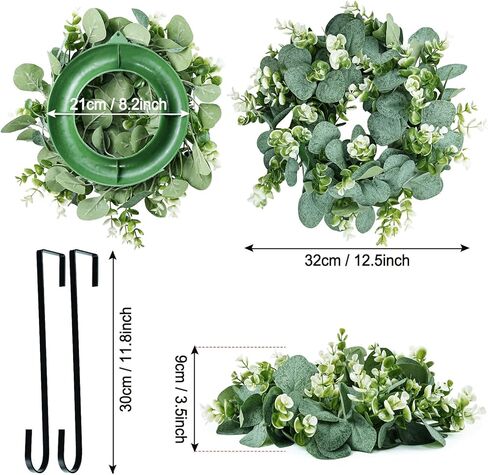 2 حزمة من إكليل الأوكالبتوس الاصطناعي، إكليل أخضر صغير مقاس 30.48 سم مع خطاف حديدي للباب الأمامي ونافذة الجدار ومهرجان الربيع وديكور المزرعة in Kuwait
