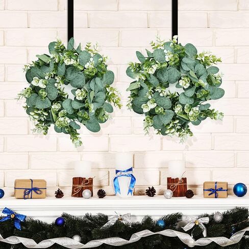 2 حزمة من إكليل الأوكالبتوس الاصطناعي، إكليل أخضر صغير مقاس 30.48 سم مع خطاف حديدي للباب الأمامي ونافذة الجدار ومهرجان الربيع وديكور المزرعة in Kuwait
