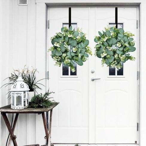 2 حزمة من إكليل الأوكالبتوس الاصطناعي، إكليل أخضر صغير مقاس 30.48 سم مع خطاف حديدي للباب الأمامي ونافذة الجدار ومهرجان الربيع وديكور المزرعة in Kuwait