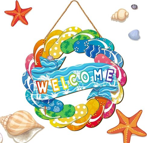Hello Summer Wreath Sign Ocean Beach Wooden Hanging Wreath Decor Ornament Wood Farmhouse Beach Starfish Door Decor Beach Theme Hanger for Front Door Porch Home Wall Window Indoor Outdoor Decor in Saudi Arabia