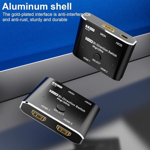 محول HDMI 2.1 Ultra 8K HD ثنائي الاتجاه 8K@60 هرتز 4K@120 هرتز HDR 1in 2out 2in 1out عالي السرعة 48 جيجابت في الثانية (شاشة فردية) محول متوافق مع Xbox X PS5 غلاف من الألومنيوم in Kuwait