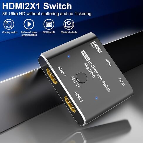 محول HDMI 2.1 Ultra 8K HD ثنائي الاتجاه 8K@60 هرتز 4K@120 هرتز HDR 1in 2out 2in 1out عالي السرعة 48 جيجابت في الثانية (شاشة فردية) محول متوافق مع Xbox X PS5 غلاف من الألومنيوم in Kuwait