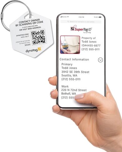 علامة معرف الملكية الفولاذية الفاخرة الذكية التي تدعم الويب Dynotag® + حلقة فولاذية، مع DynoIQ™ وخدمة الاسترداد مدى الحياة. السداسي (NotYourBag) in Kuwait