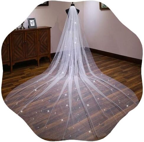 CASOLVX Wedding Long Cathedral Veil Glitter Bride Wedding Veil Long Veil Wedding Chapel White Bridal Veil Accessory for Brides and Women in Kuwait