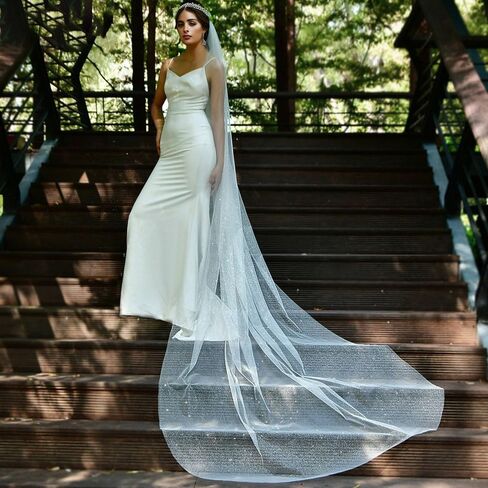 CASOLVX Wedding Long Cathedral Veil Glitter Bride Wedding Veil Long Veil Wedding Chapel White Bridal Veil Accessory for Brides and Women in Kuwait