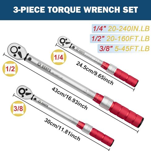 Flex Head Torque Wrench, 20-160 Ft.lb/27.1-217 Nm, 1/2-Inch Drive Click Torque Wrench, Dual Range Scales 72-Tooth Adjustable Torque Wrench with 1/2'' to 3/8'' Adapter, 125 mm Extension Bar in Kuwait