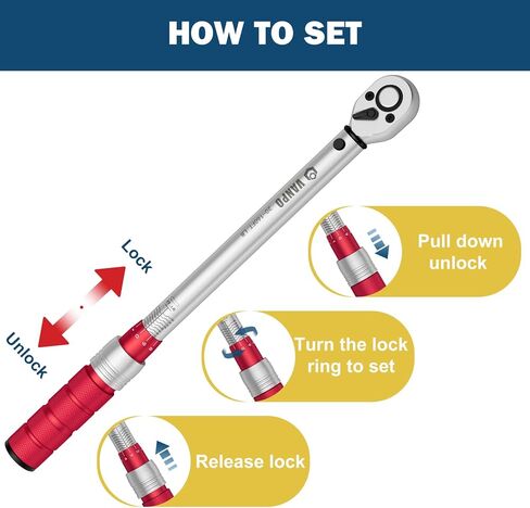 Flex Head Torque Wrench, 20-160 Ft.lb/27.1-217 Nm, 1/2-Inch Drive Click Torque Wrench, Dual Range Scales 72-Tooth Adjustable Torque Wrench with 1/2'' to 3/8'' Adapter, 125 mm Extension Bar in Kuwait