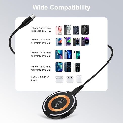 وسادة شاحن لاسلكية iPhone Mag (حامل) لهواتف iPhone 15/15 Plus/15 Pro/15 Pro Max، وسلسلة iPhone 14/13/12، شاحن مغناطيسي مع محول 20 وات لأجهزة AirPods 2/3/Pro/Pro 2-شاحن Magsafe قوي 15 وات ماكس، أسود in Kuwait