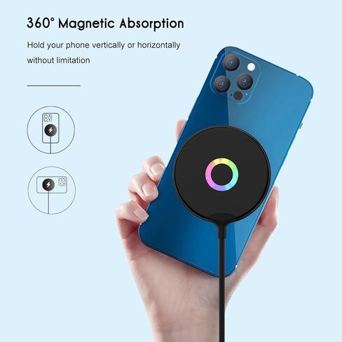 شاحن لاسلكي مغناطيسي Mag-Safe، شاحن سريع 15 وات RGB Lights لوحة شحن لاسلكية، وسادة شحن لاسلكية مغناطيسية قوية Mag-Safe مع كابل USB-C لسلسلة iPhone 15/14/13/12 - أسود in Kuwait