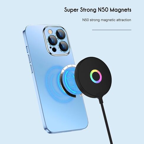 شاحن لاسلكي مغناطيسي Mag-Safe، شاحن سريع 15 وات RGB Lights لوحة شحن لاسلكية، وسادة شحن لاسلكية مغناطيسية قوية Mag-Safe مع كابل USB-C لسلسلة iPhone 15/14/13/12 - أسود in Kuwait