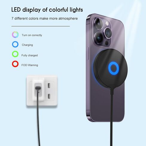 شاحن لاسلكي مغناطيسي Mag-Safe، شاحن سريع 15 وات RGB Lights لوحة شحن لاسلكية، وسادة شحن لاسلكية مغناطيسية قوية Mag-Safe مع كابل USB-C لسلسلة iPhone 15/14/13/12 - أسود in Kuwait