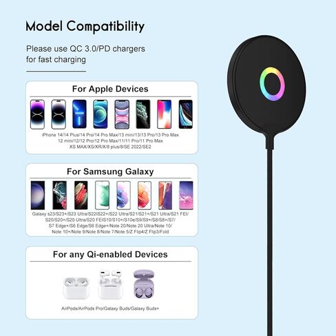 شاحن لاسلكي مغناطيسي Mag-Safe، شاحن سريع 15 وات RGB Lights لوحة شحن لاسلكية، وسادة شحن لاسلكية مغناطيسية قوية Mag-Safe مع كابل USB-C لسلسلة iPhone 15/14/13/12 - أسود in Kuwait