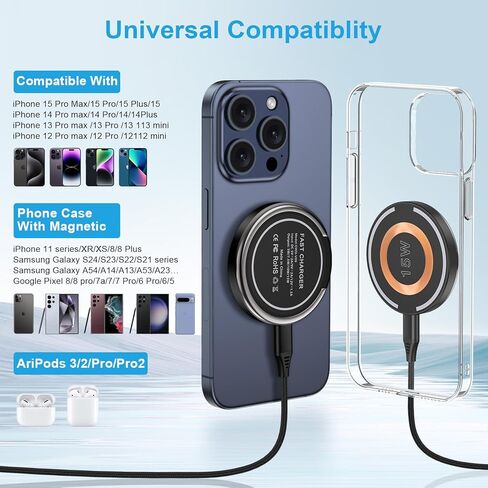 حامل شاحن لاسلكي Google Pixel 8a بقدرة 15 وات لهاتف Pixel 8 Pro 7a 7 Pro وSamsung Galaxy S24 Ultra S24+ S23 FE S22 S21 S20، لوحة شحن لاسلكية مغناطيسية MagSafe لهاتف iPhone 15/14/13/12 Pro Max/Pro/Plus/SE in Kuwait