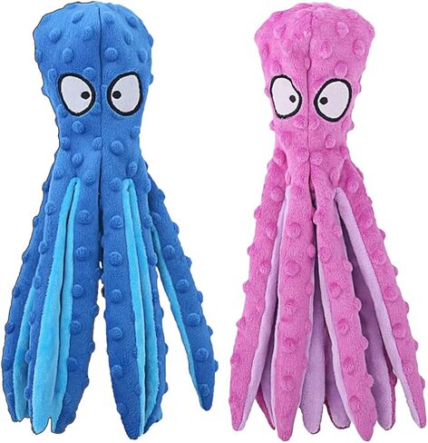 Crinkle Dog Toy with Squeaker - Plush Octopus Dog Toy - Stuffing Free Durable Chew Toys for Aggressive Chewers - Chew Toys for Puppies, Small, Medium, & Large Breed 2 Pack (Blue and Purple) in Saudi Arabia