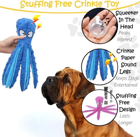 Crinkle Dog Toy with Squeaker - Plush Octopus Dog Toy - Stuffing Free Durable Chew Toys for Aggressive Chewers - Chew Toys for Puppies, Small, Medium, & Large Breed 2 Pack (Blue and Purple) in Saudi Arabia