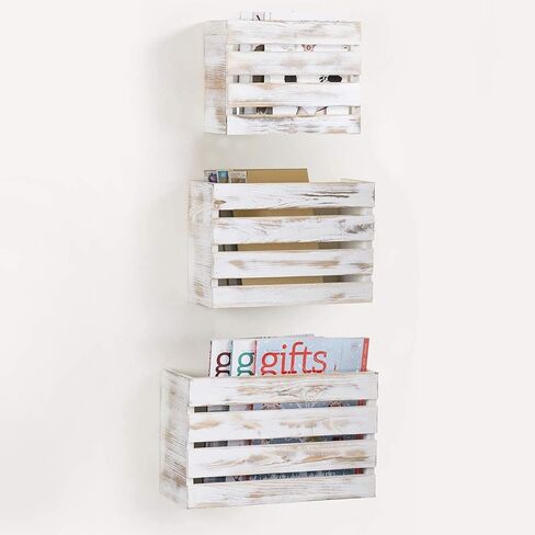 MyGift Wall Mounted Shabby White Washed Solid Wood Magazine Holder Rack and Mail Holder Organizer, Home Office Hanging Storage Organizer, 3 Piece Set in Saudi Arabia