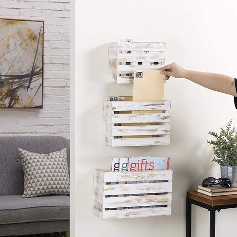 MyGift Wall Mounted Shabby White Washed Solid Wood Magazine Holder Rack and Mail Holder Organizer, Home Office Hanging Storage Organizer, 3 Piece Set in Saudi Arabia