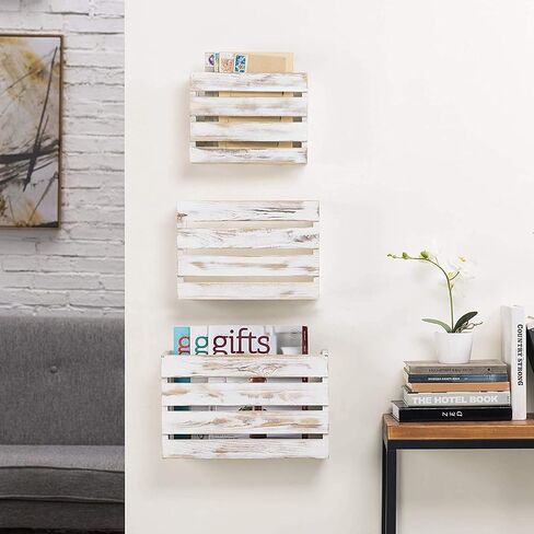 MyGift Wall Mounted Shabby White Washed Solid Wood Magazine Holder Rack and Mail Holder Organizer, Home Office Hanging Storage Organizer, 3 Piece Set in Saudi Arabia