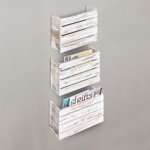 MyGift Wall Mounted Shabby White Washed Solid Wood Magazine Holder Rack and Mail Holder Organizer, Home Office Hanging Storage Organizer, 3 Piece Set in Saudi Arabia