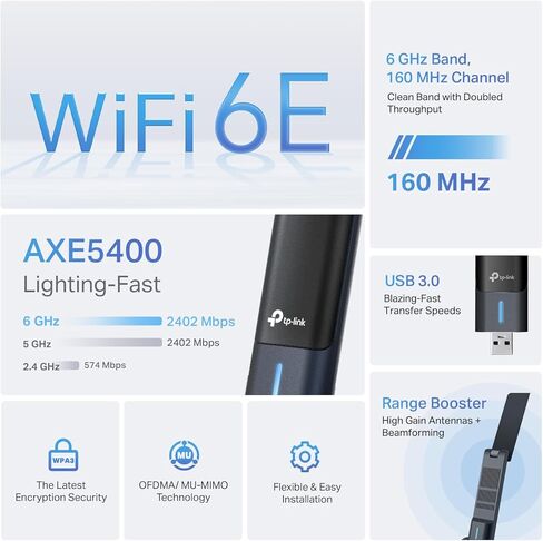 محول USB TP-Link AXE5400 WiFi 6E لأجهزة الكمبيوتر المكتبية (Archer TXE70UH) محول شبكة لاسلكي ثلاثي النطاق، زمن وصول منخفض للغاية، MU-MIMO، OFDMA، أمان مكرر، WPA3، يدعم Windows 11/10 in Saudi Arabia