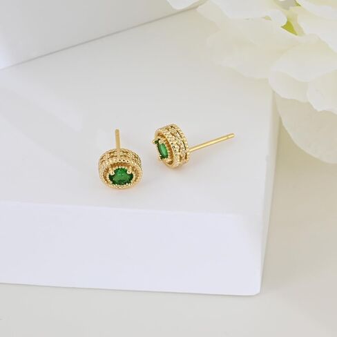 Gold Emerald Green Stud Earrings for Women Circle Green Cubic Zirconia Post Earrings Handmade Hypoallergenic Small Earrings Emerald Jewelry in Saudi Arabia