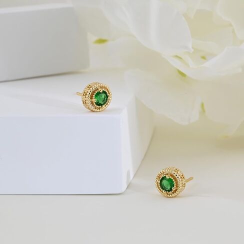 Gold Emerald Green Stud Earrings for Women Circle Green Cubic Zirconia Post Earrings Handmade Hypoallergenic Small Earrings Emerald Jewelry in Saudi Arabia