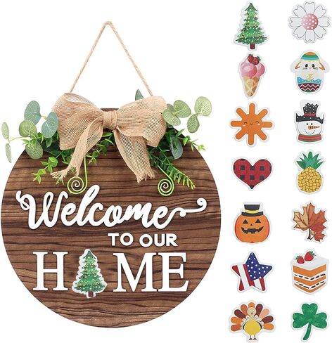 Wooden Seasonal Holiday Welcome Sign for Front Door Decor -14 Holiday Interchangeable Icons- Rustic Wall Hanging Porch Decorations For Farmhouse Outdoor, Independence Day,Housewarming Gifts in Saudi Arabia