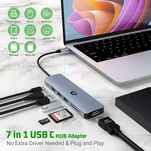USB C HUB by oditton, 7 in 1 Laptop Multiport Adapter Hub, Featuring HDMI Output, 100W PD, 3 x USB 3.0 Ports, SD/TF Reader, Compatible for USB C Laptops Dell XPS/HP/Surface and More in Saudi Arabia