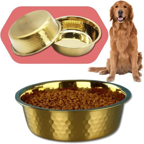 2pcs Stainless Steel Dog Bowls, Hammered Thickened Metal Dog Bowl Feeding or Water Bowls for Small/Medium/Large Sized Dogs & Cats Stackable Metal Cat Bowl Dishwasher Safe, Gold in Saudi Arabia