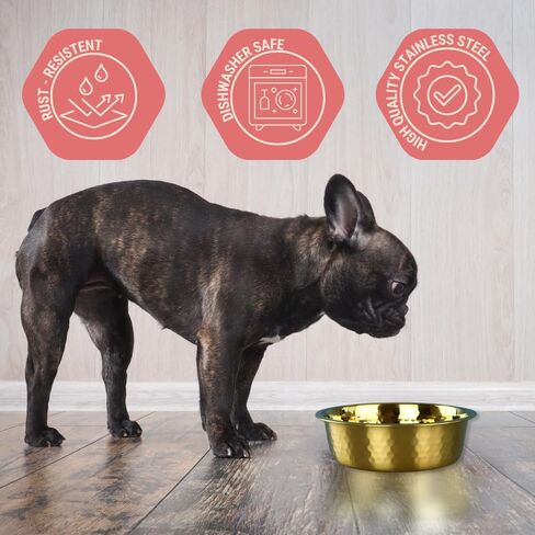 2pcs Stainless Steel Dog Bowls, Hammered Thickened Metal Dog Bowl Feeding or Water Bowls for Small/Medium/Large Sized Dogs & Cats Stackable Metal Cat Bowl Dishwasher Safe, Gold in Saudi Arabia