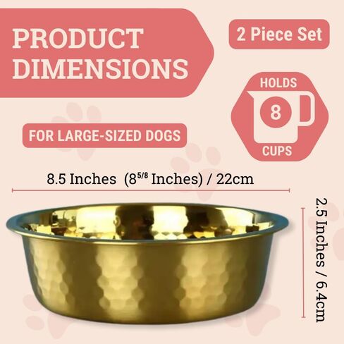 2pcs Stainless Steel Dog Bowls, Hammered Thickened Metal Dog Bowl Feeding or Water Bowls for Small/Medium/Large Sized Dogs & Cats Stackable Metal Cat Bowl Dishwasher Safe, Gold in Saudi Arabia