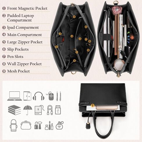 حقيبة كمبيوتر محمول للنساء 15.6 بوصة حقيبة جلدية كبيرة حقيبة عمل احترافية مقاومة للماء حقيبة كمبيوتر حقيبة مكتب الأعمال حقيبة يد ذات سعة كبيرة حقيبة كتف مجموعة من قطعتين، أسود in Kuwait