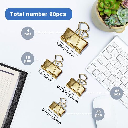 Binder Clips Paper Clamps Assorted Sizes Gold 98 PCS, Medium, Small, Mini, Micro, Metal Paper Binder Clip Binding Clip for Teachers Students Home School Office Supplies in Saudi Arabia