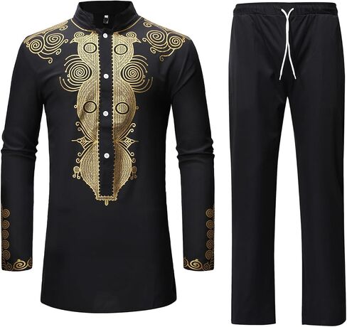 Men's African Dashiki 2 Piece Suit Traditional Long Sleeve Kurta and Pants Outfits Set in Saudi Arabia