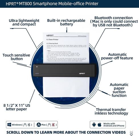 HPRT MT800 طابعة محمولة للنقل الحراري تدعم 8.5 بوصة × 11 بوصة حرف أمريكي وورق A4 طابعة بلوتوث لاسلكية للسفر متوافقة مع Android وiOS، مناسبة للاستخدام أثناء التنقل in Kuwait