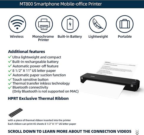 HPRT MT800 طابعة محمولة للنقل الحراري تدعم 8.5 بوصة × 11 بوصة حرف أمريكي وورق A4 طابعة بلوتوث لاسلكية للسفر متوافقة مع Android وiOS، مناسبة للاستخدام أثناء التنقل in Kuwait