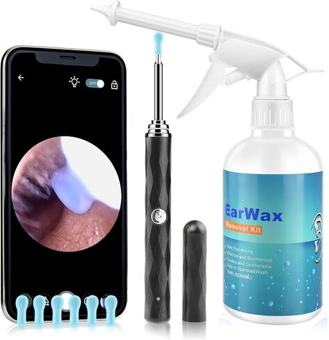 HWAEYEM HD Visible Battery Powered Ear Wax Removal Kit, IP67 1080P Camera 6 LED Lights, Ear Irrigation Flushing System with Basin, WIFI Connection Mobile App Compatible with iPhone iPad Android Phones in Saudi Arabia