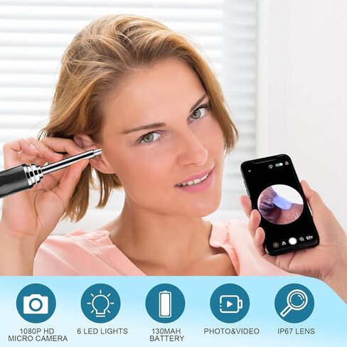 HWAEYEM HD Visible Battery Powered Ear Wax Removal Kit, IP67 1080P Camera 6 LED Lights, Ear Irrigation Flushing System with Basin, WIFI Connection Mobile App Compatible with iPhone iPad Android Phones in Saudi Arabia