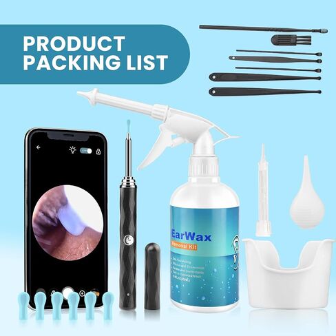 HWAEYEM HD Visible Battery Powered Ear Wax Removal Kit, IP67 1080P Camera 6 LED Lights, Ear Irrigation Flushing System with Basin, WIFI Connection Mobile App Compatible with iPhone iPad Android Phones in Saudi Arabia