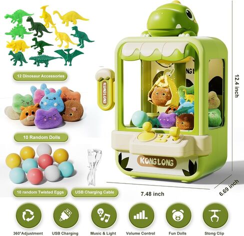 Dinosaur Claw Machine for Kids,Electronic Arcade Game Machine with Music,Mini Vending Machine Boys Birthday Toys Gifts Age 3+ Years,Includes 10 Plush Toys & 12 Dinosaur Accessories in Saudi Arabia