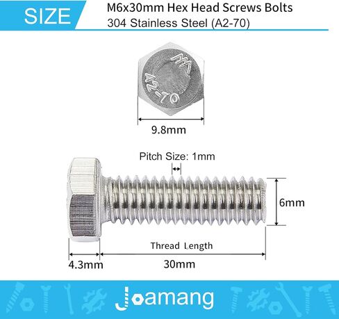 M6 x 30mm Hex Head Screw Bolt, 304 Stainless Steel(A2-70), Bright Finish, Fully Threaded, Hexagon Head Bolts, Quantity 25 in Saudi Arabia