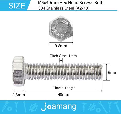 M6 x 30mm Hex Head Screw Bolt, 304 Stainless Steel(A2-70), Bright Finish, Fully Threaded, Hexagon Head Bolts, Quantity 25 in Saudi Arabia