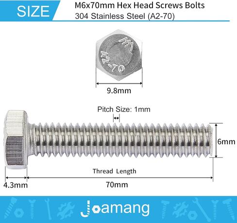 M6 x 30mm Hex Head Screw Bolt, 304 Stainless Steel(A2-70), Bright Finish, Fully Threaded, Hexagon Head Bolts, Quantity 25 in Saudi Arabia