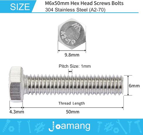 M6 x 30mm Hex Head Screw Bolt, 304 Stainless Steel(A2-70), Bright Finish, Fully Threaded, Hexagon Head Bolts, Quantity 25 in Saudi Arabia